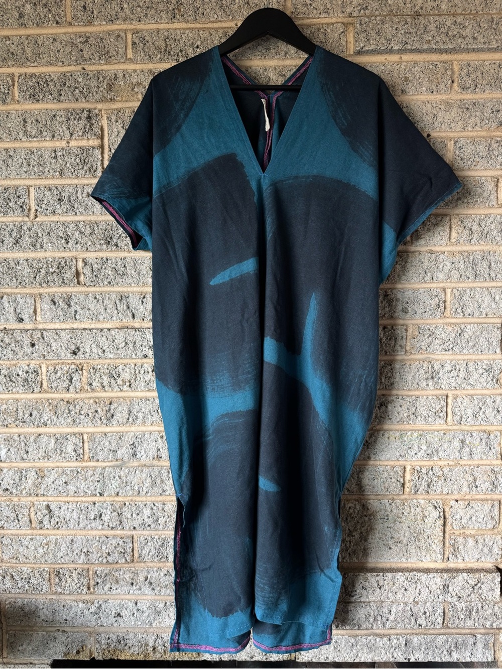 Tuesday Shop Hand Dyed Linen Midi Smock Dress Teal Indigo/Black M